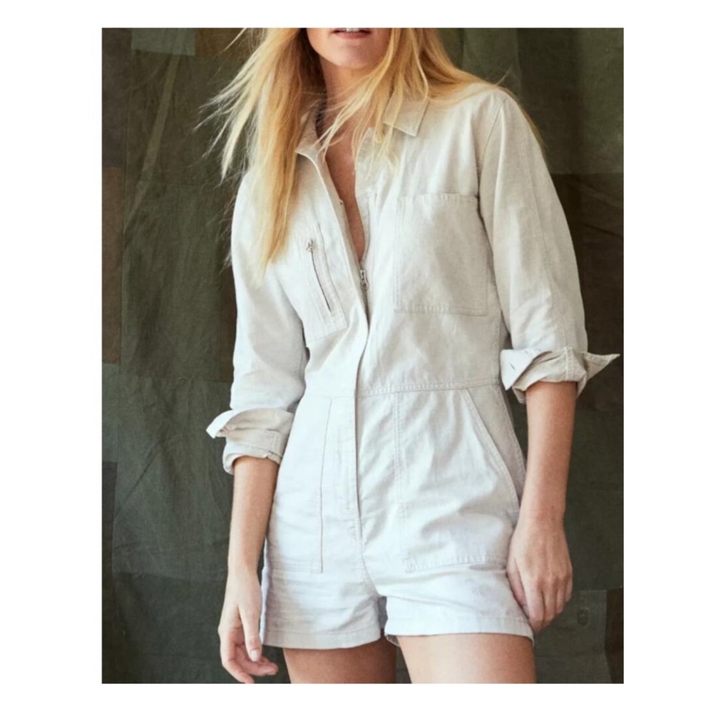 OUTERKNOWN Station Linen Blend Utility Romper Women's XS Cream Coastal Chic